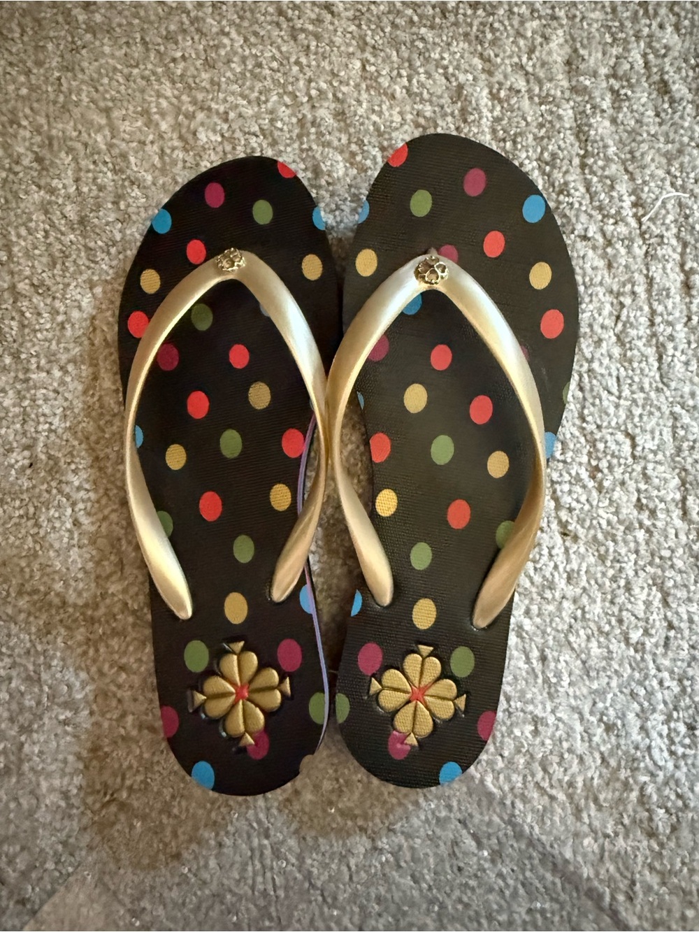 kate spade Black Polka Dot Flip Flops with Gold Straps